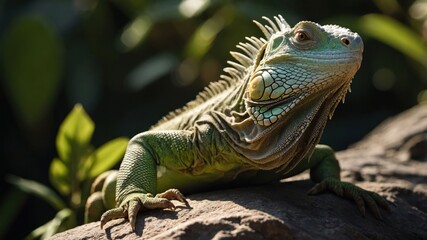 Naklejka premium A close-up of a vibrant green iguana resting on a log among lush foliage.