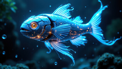 Obraz premium Ethereal koi fish with glowing technology elements in underwater setting.