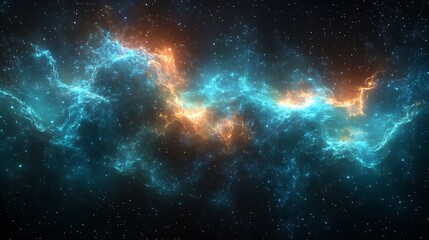 Obraz premium Cosmic Nebula in Teal and Orange: An ethereal nebula swirls in a cosmic dance of teal and orange hues, creating a mesmerizing spectacle of celestial energy and galactic wonder.