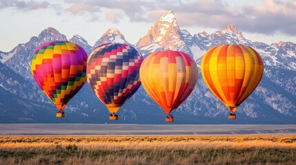 Fototapeta premium Stunning Panoramic View of Majestic Mountain Peaks with Vibrant Colorful Hot Air Balloons Floating in Serene Atmospheric Sky
