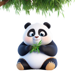 Naklejka premium Cute Cartoon Panda Holding Bamboo Under Tree Branch