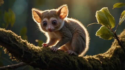 Obraz premium A small, furry animal perched on a moss-covered branch in a forest setting.