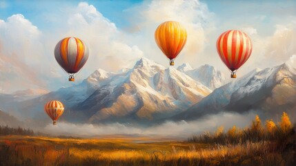 Obraz premium Majestic hot air balloons soaring over breathtaking mountainous landscape on a serene and picturesque day