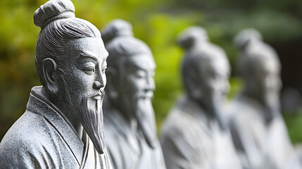 Serene Ancient Stone Statues of Scholars in a Lush Garden Setting : Generative AI