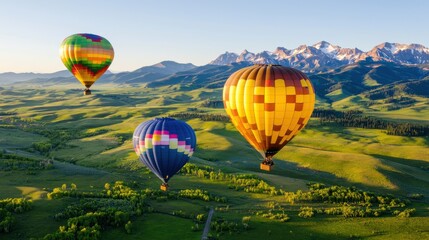 Fototapeta premium Colorful Hot Air Balloons Soaring Over Scenic Mountainous Landscape with Lush Green Fields