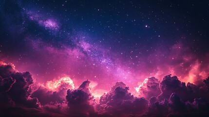 Naklejka premium Cosmic Dreamscape: A breathtaking view of a vibrant, pink and purple nebula swirling amidst fluffy clouds, creating a surreal and dreamy night sky. Countless stars twinkle in the cosmic expanse.