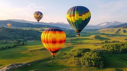 Obraz premium Breathtaking Aerial View of Hot Air Balloons Floating over Picturesque Mountainous Landscape at Sunrise