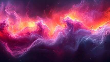 Obraz premium Cosmic Nebula in Vivid Hues: A mesmerizing digital rendering of a vibrant nebula, swirling with shades of fiery orange, deep pink, and ethereal purple.