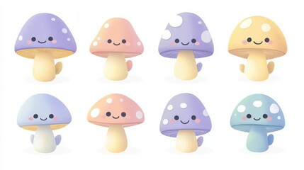 Cute and Simple Illustrations of Small Smiling Mushrooms in Various Colors and Designs for Children's Themes