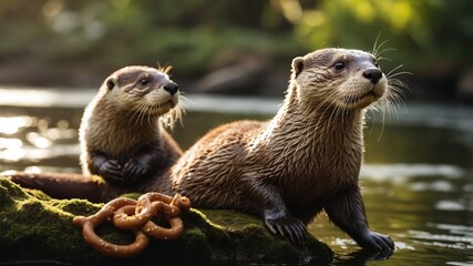 Fototapeta premium Two otters resting on a rock near water, with a snake nearby, in a serene natural setting.