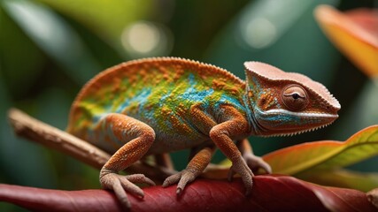 Obraz premium A vibrant chameleon perched on a colorful leaf in a lush environment.