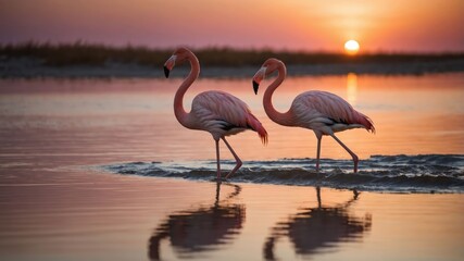 Fototapeta premium Two flamingos wade through shallow water at sunset, creating a serene and colorful scene.