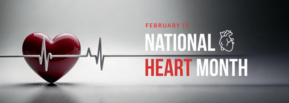 American Heart Month awareness banner showcasing a 3D heart with a lifeline running across it, emphasizing the importance of heart health and raising awareness about cardiovascular diseases