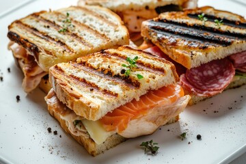 panini sandwiche: salmon, ham, chicken, and salami on a white background mona