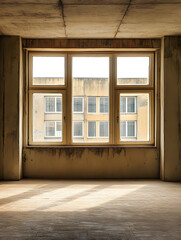 Sunlit Urban Building Interior with Large Windows Highlighting Textured Walls : Generative AI