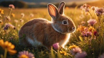 Fototapeta premium A rabbit sits in a vibrant field of flowers during golden hour light.
