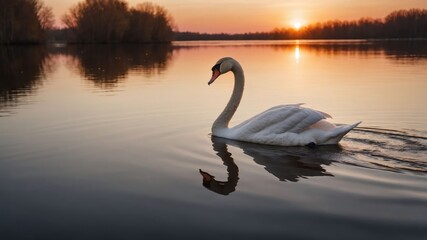 Fototapeta premium A serene swan glides across a tranquil lake at sunset, reflecting nature's beauty.