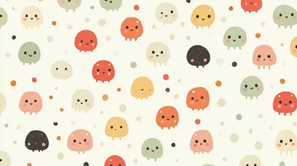 Cute and Playful Illustration of Tiny Rainbow Characters on a Light Background with Colorful Dots and Shapes