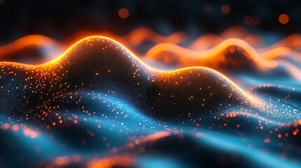 Abstract Glowing Landscape: A mesmerizing abstract landscape of glowing particles and undulating forms, with vibrant orange and teal hues creating a dynamic and otherworldly scene.  