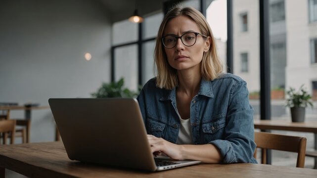 Focused woman works on laptop in cozy cafe during afternoon hours