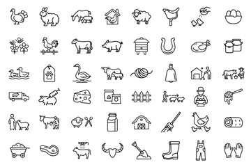 vector set of icons on the theme of farming and animal husbandry in flat style