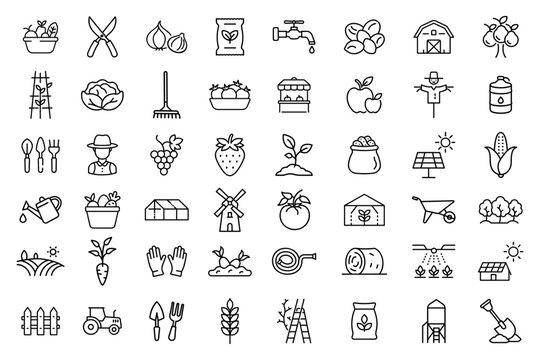 vector set of icons on the theme of farming and gardening in flat style