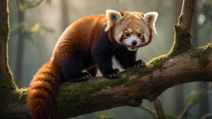 Fototapeta premium A red panda perched on a mossy branch in a forest setting.