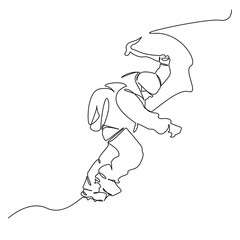 One continuous single drawing line art flat doodle adventure, winter, mountain climbing, challenge, ice axe, snow, sport climber. Isolated image hand draw contour on a white background, hand drawn, no