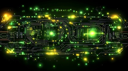 Cybernetic Circuitry: Abstract illustration of a futuristic circuit board with glowing green and yellow nodes, pulsating with energy and data flow.  A mesmerizing display of technology and innovation.