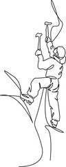 One continuous single drawing line art flat doodle ice axe, outdoors, adventure, mountain climbing, sport climber, people. Isolated image hand draw contour on a white background, hand drawn, not AI
