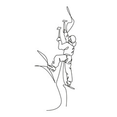 One continuous single drawing line art flat doodle ice axe, outdoors, adventure, mountain climbing, sport climber, people. Isolated image hand draw contour on a white background, hand drawn, not AI