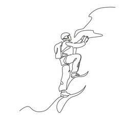 One continuous single drawing line art flat doodle mountain, outdoors, climbing,  adventure, mountain climbing, sport climber. Isolated image hand draw contour on a white background, hand drawn, not A