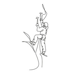 One continuous single drawing line art flat doodle ice axe, outdoors, adventure, mountain climbing, sport climber, people. Isolated image hand draw contour on a white background, hand drawn, not AI