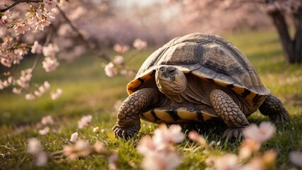 Fototapeta premium A tortoise exploring a blooming cherry blossom landscape.