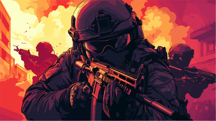 Fototapeta premium Flat illustration of police special forces. SWAT. Man in police uniform.