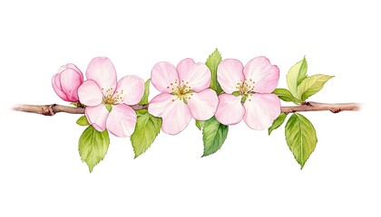 Delicate pink blossoms on a branch with green leaves, symbolizing spring and renewal