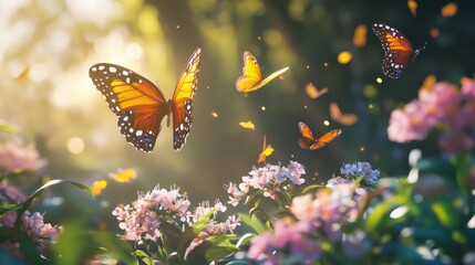 Close-up of vibrant butterflies on blooming flowers, soft light, peaceful and inviting, highly detailed, calm and natural, warm and vibrant, tranquil and beautiful atmosphere