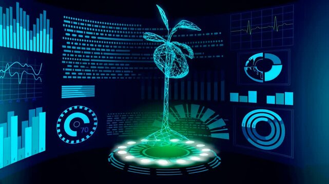 3D low poly green plant HUD UI display. Future polygonal triangle point line ecology problems solution abstract biology genome engineering video