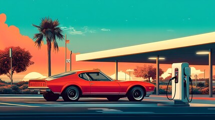 Retro Vintage Artwork of an Electric Car Charging at Sunset