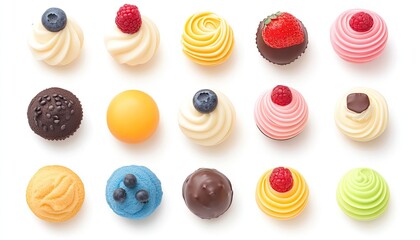 Obraz premium Assorted colorful cupcakes and desserts arranged neatly on a white background, showcasing variety