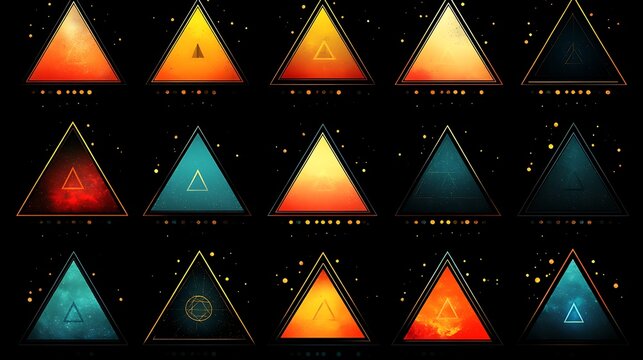 Cosmic Triangles: An array of vibrant triangles, each filled with a unique cosmic pattern and swirling with ethereal hues.