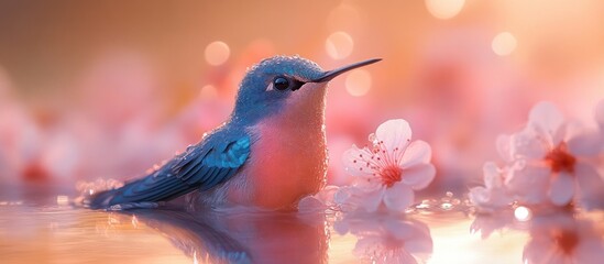 Obraz premium Hummingbird bathing spring blossoms sunset reflection