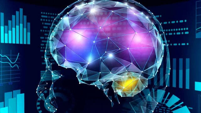 Virtual assistant HUD user display technology. AI artificial intelligence robot support. Chatbot human brain neural network low poly video