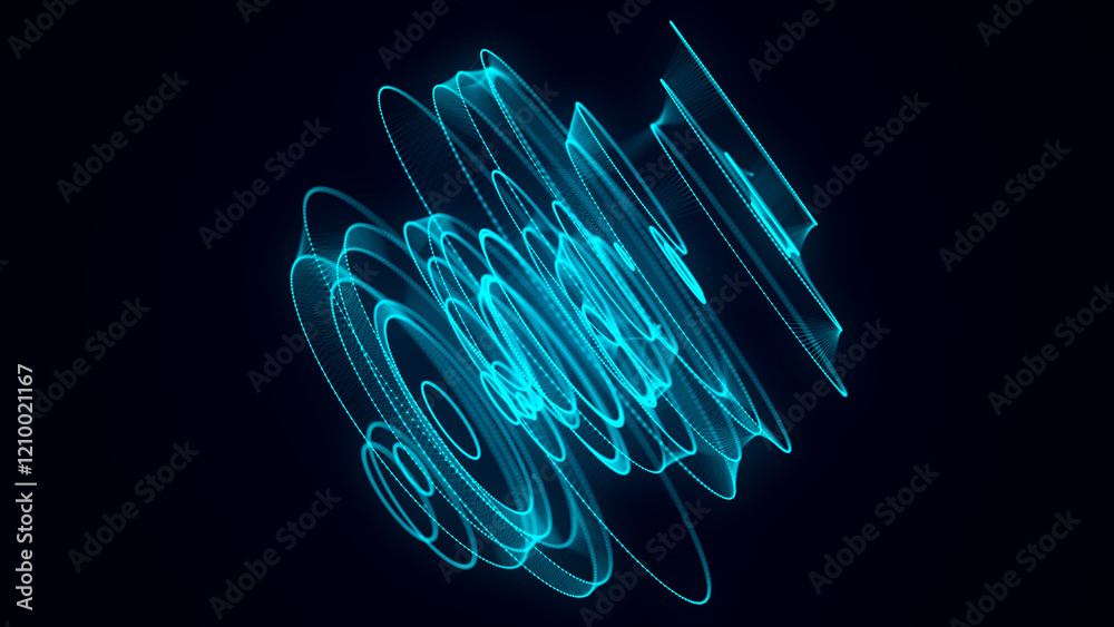 Poster Abstract blue sphere with connecting dots and lines. Wireframe technology sphere of particles. Big data visualization. 3d rendering.