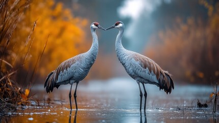 Naklejka premium Two Cranes Facing Each Other in a Wetland with Autumn Background in the Foggy Weather