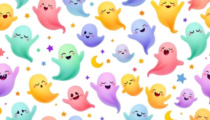 Obraz premium Pastel Rainbow Ghosts Cute Halloween Pattern Stars Moon Background