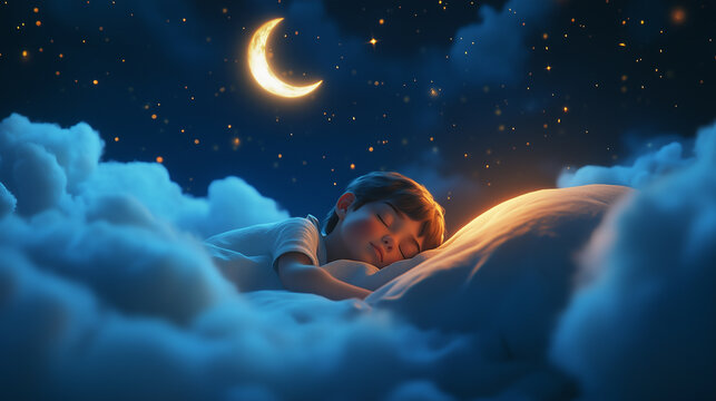 A cute baby boy is sleeping in clouds. Background is starry night, Cute illustration	