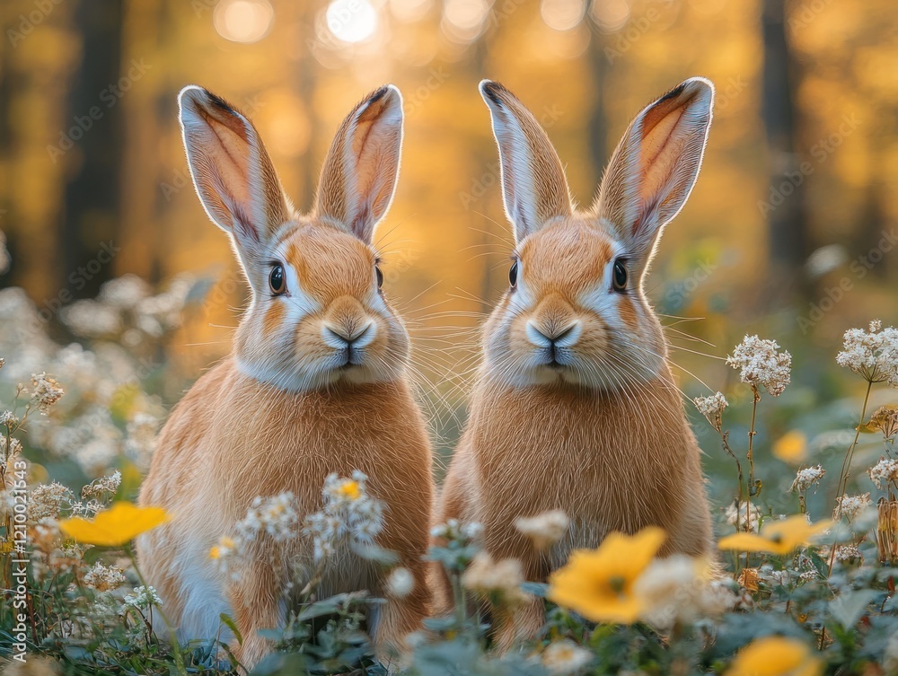 Wall mural two adorable rabbits standing side by side in a field of flowers with bokeh background