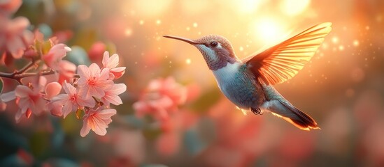 Fototapeta premium Hummingbird sunset flight, spring blossoms, garden