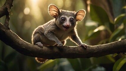 Naklejka premium A cute animal with large ears and expressive eyes perched on a branch in a forest setting.